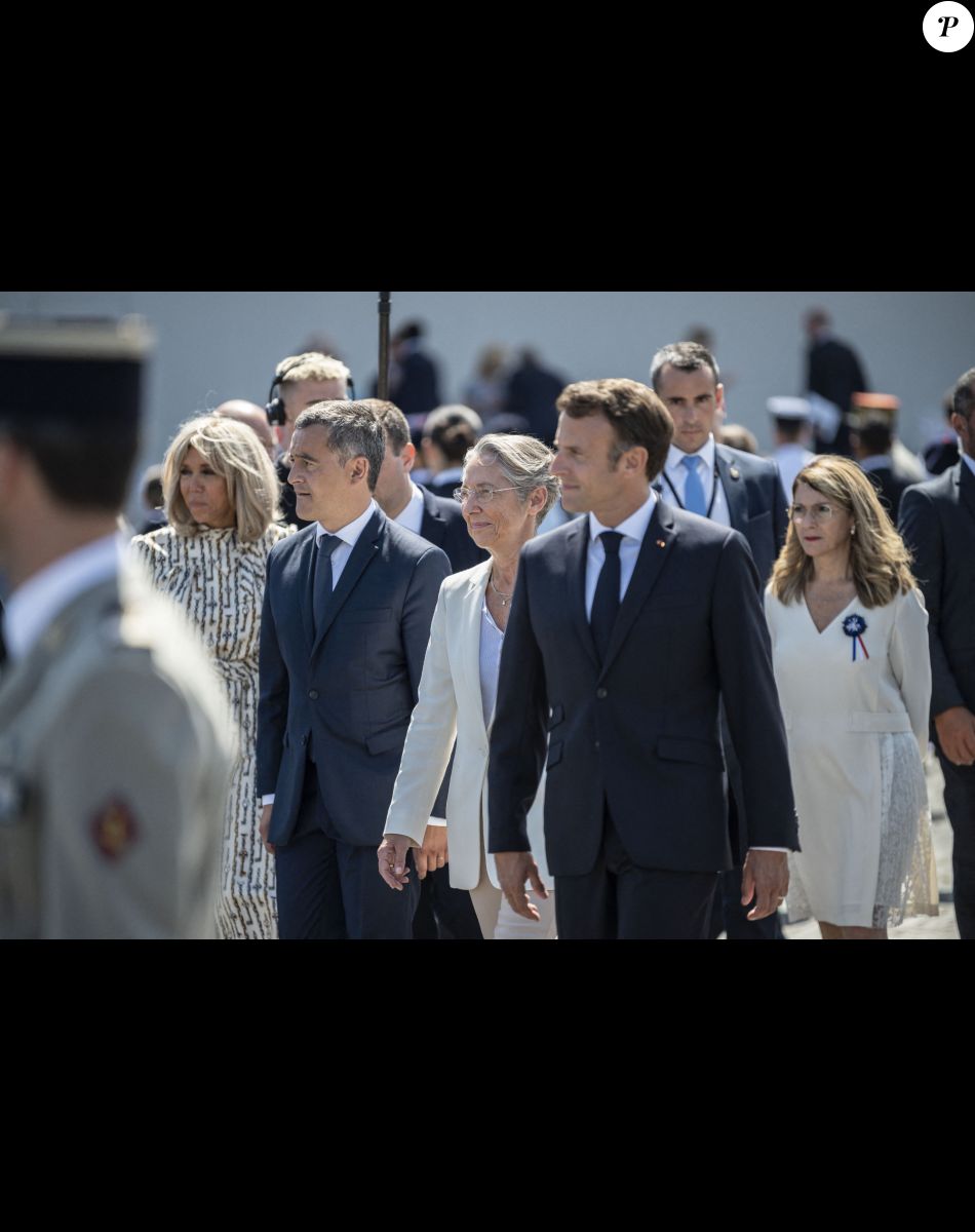 la première dame Brigitte Macron, Gérald Darmanin, ministre de l'Intérieur et des Outre-mer, Elisabeth Borne, Première ministre - Le président Emmanuel Macron lors du défilé militaire du 14 Juillet à Paris. © Eliot Blondet / Pool / Bestimage