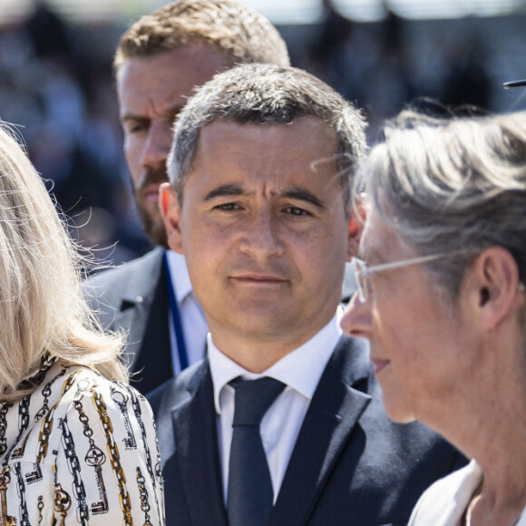 La Première Dame Brigitte Macron, Gérald Darmanin, ministre de l'Intérieur et des Outre-mer, Elisabeth Borne, Première ministre - Le président Emmanuel Macron lors du défilé militaire du 14 Juillet à Paris. © Eliot Blondet / Pool / Bestimage 