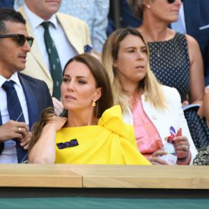 Catherine (Kate) Middleton, duchesse de Cambridge, et Marion Bartoli dans les tribunes lors de la finale dame du tournoi de Wimbledon au All England Lawn Tennis and Croquet Club à Londres, Royaume Uni, le 9 juillet 2022. © Chryslene Caillaud/Panoramic/bestimage 