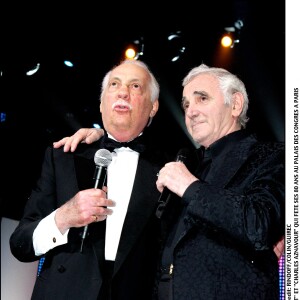 Michel Serrault et Charles Aznavour, qui fête ses 80 ans au Palais des congrés. Paris.