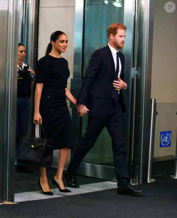 Le prince Harry, duc de Sussex et Meghan Markle, duchesse de Sussex, lors de la célébration du "Nelson Mandela International Day" au siège de l'ONU à New York. Le Prix Nelson Mandela des Nations Unies 2020 a été décerné à Mme Marianna V. Vardinoyannis de Grèce et au Dr Morissanda Kouyate de Guinée. New York, le 18 juillet 2022.