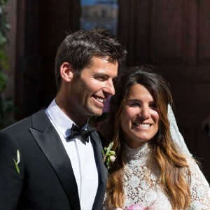 Exclusif - Arrivées et sorties du mariage religieux de Karine Ferri et Yoann Gourcuff à l'église de La Motte, France. 