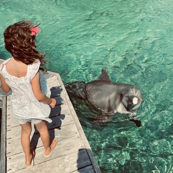 Arhur dévoile une photo de Manava à Tahiti, avec un dauphin, le 5 août 2020.