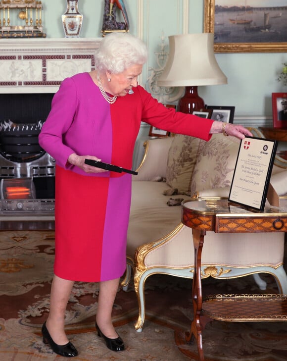 La reine Elizabeth II d'Angleterre se voit remettre la première Médaille d'Ordre en Or par le professeur Mark Compton lors d'une audience au palais de Buckingham à Londres. Le 11 mars 2020