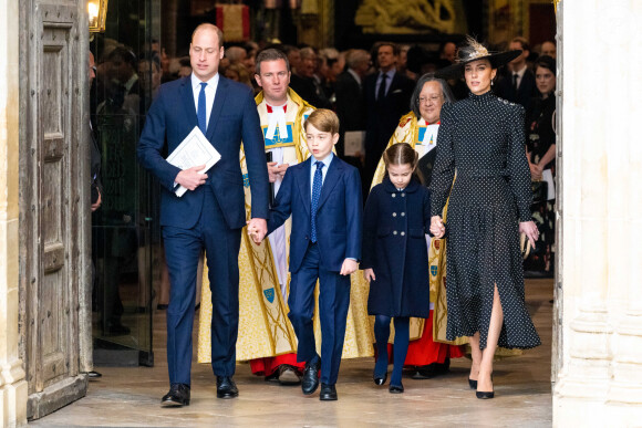 Le prince William, duc de Cambridge, et Catherine (Kate) Middleton, duchesse de Cambridge, Le prince George de Cambridge, La princesse Charlotte de Cambridge lors du service d'action de grâce en hommage au prince Philip, duc d'Edimbourg, à l'abbaye de Westminster à Londres, Royaume Uni, le 29 mars 2022. Le prince Philip, duc d'Edimbourg, est décédé le 9 avril 2021. 