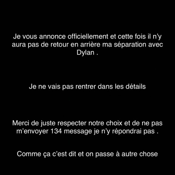 Aurélie Dotremont annonce sa rupture définitive avec Dylan sur Instagram le 18 septembre 2022.