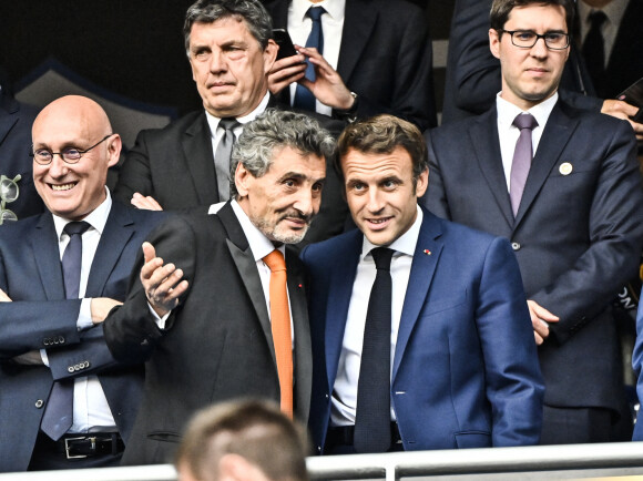 Mohed Altrad (mhr) / Bernard Laporte, Emmanuel Macron - Finale du Top 14 de rugby entre Montpellier et Castres (29-10) au Stade de France à Saint-Denis le 24 juin 2022.