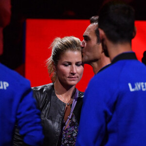 Roger Federer (Sui) et sa femme Mirka - Tennis : Roger Federer, tire sa révérence en larmes, lors de Laver Cup à l'O2 Arena de Londres le 23 septembre 2022. La paire Federer/Nadal (Europe) s'est inclinée face à Sock/Tiafoe (Reste du monde) 4-6, 7-6 (7/2), 11-9. © Antoine Couvercelle / Panoramic / Bestimage 