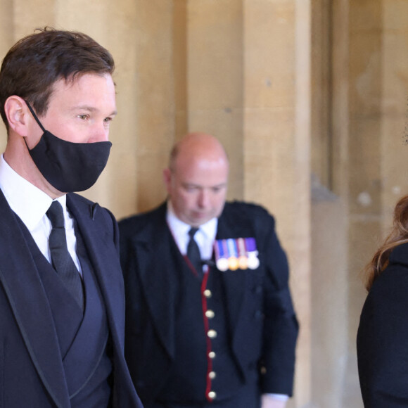 La princesse Eugenie d'York et son mari Jack Brooksbank - Arrivées aux funérailles du prince Philip, duc d'Edimbourg à la chapelle Saint-Georges du château de Windsor, le 17 avril 2021. 