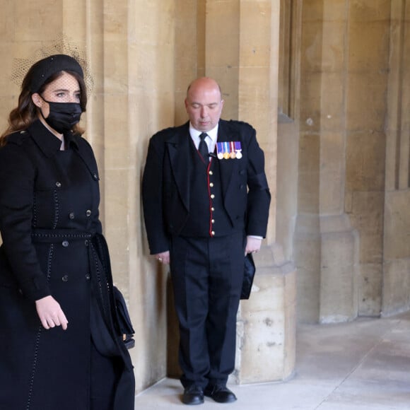 La princesse Eugenie d'York et son mari Jack Brooksbank - Arrivées aux funérailles du prince Philip, duc d'Edimbourg à la chapelle Saint-Georges du château de Windsor, le 17 avril 2021. 