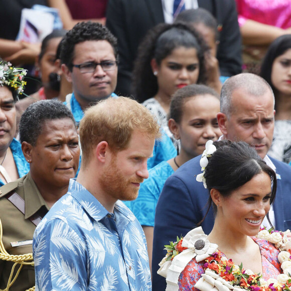 Le prince Harry, duc de Sussex et sa femme Meghan Markle, duchesse de Sussex (enceinte) visitent le campus de l'Université du Pacifique Sud ("University of the South Pacific") à Suva lors de leur voyage officiel aux îles Fidji, le 24 octobre 2018. 