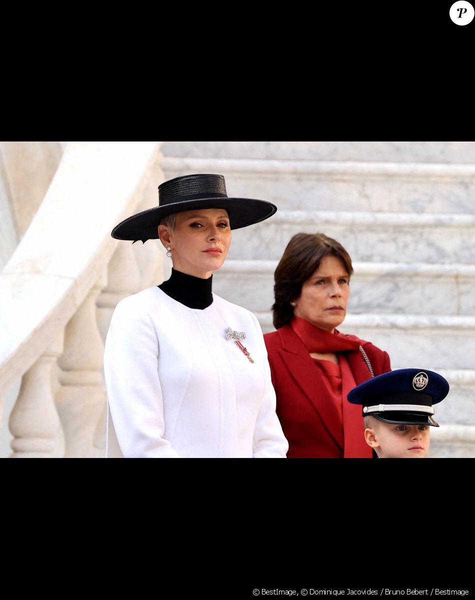 La princesse Charlene de Monaco, La princesse Stéphanie de Monaco - La famille princière de Monaco dans la cour du palais lors de la Fête Nationale de la principauté de Monaco © Dominique Jacovides / Bruno Bebert / Bestimage