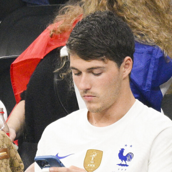 Claude Deschamps - femme de Didier Deschamps entraineur / Selectionneur France et leur Fils Dylan Deschamps - People et joueurs en famille dans les tribunes lors du match de demi-finale "France - Maroc" lors de la Coupe du Monde 2022 au Qatar (FIFA World Cup Qatar 2022). © JB Autissier / Panoramic / Bestimage