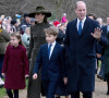 Le prince William, prince de Galles, Catherine (Kate) Middleton, princesse de Galles, le prince George de Galles, et la princesse Charlotte de Galles - La famille royale d'Angleterre assiste au service religieux de Noël à l'église St Mary Magdalene à Sandringham, Norfolk, Royaume Uni, le 25 décembre 2022. 