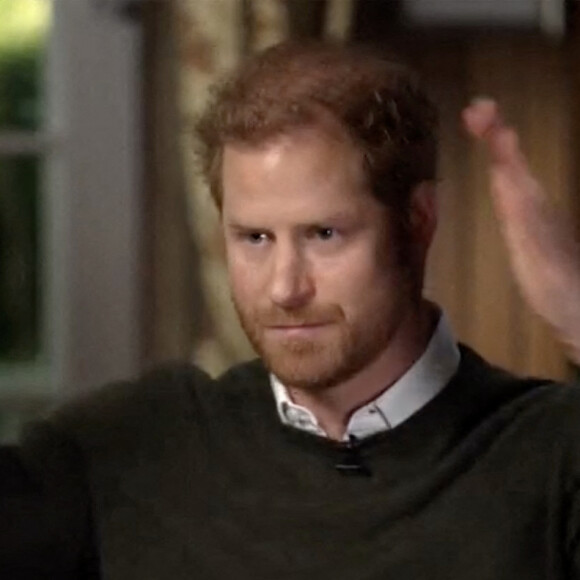 Capture d'écran du prince Harry lors d'un interview par l'animateur Anderson Cooper sur la chaîne américaine CBS pour l'émission "60 Minutes" avant la sortie de son autobiographie, aux Etats-Unis. © JLPPA/Bestimage 