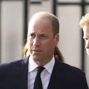 Le prince de Galles William, le prince Harry, duc de Sussex à la rencontre de la foule devant le château de Windsor, suite au décès de la reine Elisabeth II d'Angleterre. Le 10 septembre 2022 