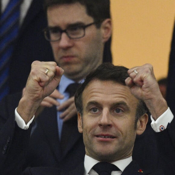 Emmanuel Macron, le président de la République Française - Le président de la République française Emmanuel Macron assiste au match de demi-finale "France - Maroc" lors de la Coupe du Monde 2022 au Qatar (FIFA World Cup Qatar 2022), le 14 décembre 2022. © JB Autissier / Panoramic / Bestimage