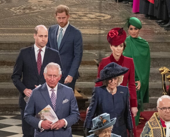 Le prince Charles et Camilla Parker-Bowles duchesse de Cornouailles, le prince William, duc de Cambridge, et Kate Catherine Middleton, duchesse de Cambridge, le prince Harry, duc de Sussex, Meghan Markle, duchesse de Sussex - La famille royale d'Angleterre lors de la cérémonie du Commonwealth en l'abbaye de Westminster à Londres. Le 9 mars 2020 