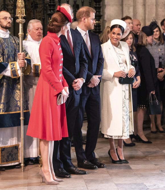 Catherine Kate Middleton, duchesse de Cambridge, le prince William, duc de Cambridge, le prince Harry, duc de Sussex, Meghan Markle, enceinte, duchesse de Sussex lors de la messe en l'honneur de la journée du Commonwealth à l'abbaye de Westminster à Londres le 11 mars 2019. 