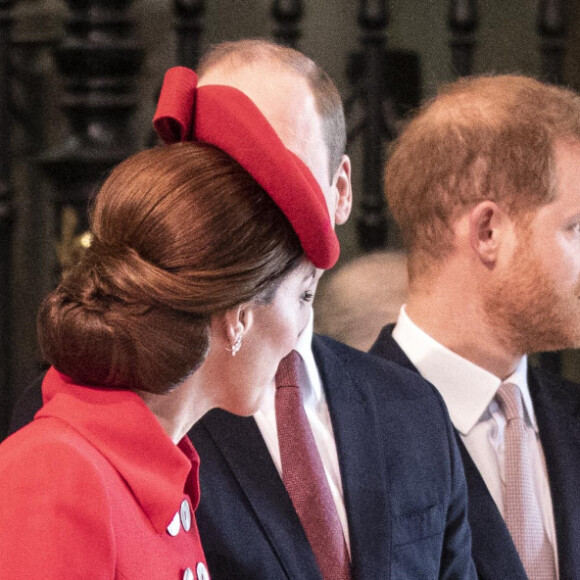 Catherine Kate Middleton, duchesse de Cambridge, le prince William, duc de Cambridge, le prince Harry, duc de Sussex, Meghan Markle, enceinte, duchesse de Sussex lors de la messe en l'honneur de la journée du Commonwealth à l'abbaye de Westminster à Londres le 11 mars 2019. 