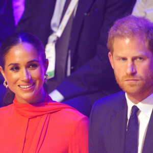 Le prince Harry, duc de Sussex et Meghan Markle, duchesse de Sussex, lors du "One Young World Summit 2022" à Manchester, le 5 septembre 2022. 