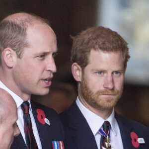 Le prince William, duc de Cambridge, et le prince Harry lors de la cérémonie commémorative de l'ANZAC Day à l'abbaye de Westminster à Londres. Le 25 avril 2018