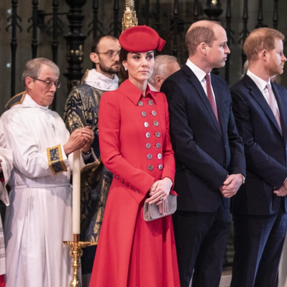 Le prince William, duc de Cambridge, Catherine (Kate) Middleton, duchesse de Cambridge, le prince Harry, duc de Sussex, et Meghan Markle, duchesse de Sussex, enceinte, le prince Charles, prince de Galles, et Camilla Parker Bowles, duchesse de Cornouailles, - La famille royale britannique à la messe en l'honneur de la journée du Commonwealth à l'abbaye de Westminster à Londres, Royaume Uni, le 11 mars 2019. 