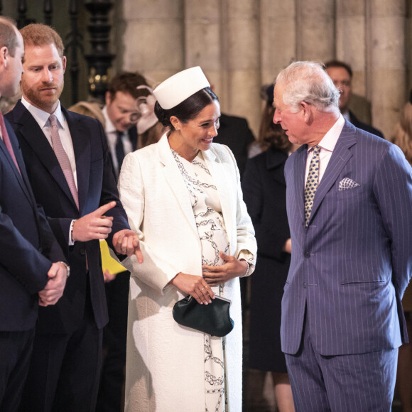 Le prince William, duc de Cambridge, le prince Harry, duc de Sussex, Meghan Markle, enceinte, duchesse de Sussex, le prince Charles, prince de Galles lors de la messe en l'honneur de la journée du Commonwealth à l'abbaye de Westminster à Londres. 