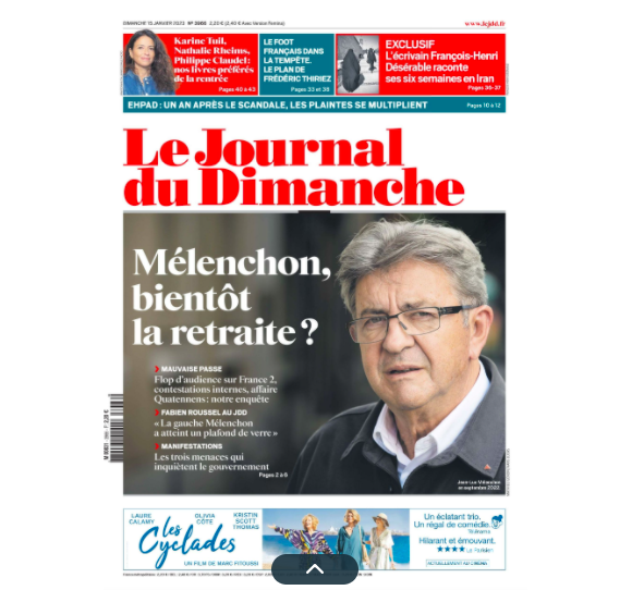 Couverture du Journal du Dimanche n°3966, paru le 15 janvier 2023.
