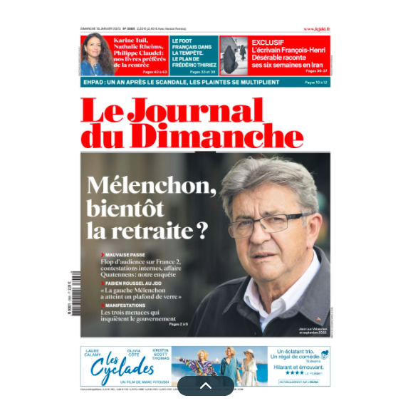 Couverture du Journal du Dimanche n°3966, paru le 15 janvier 2023.