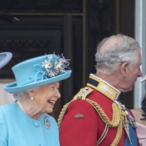 Camilla Parker Bowles, duchesse de Cornouailles, la reine Elisabeth II d'Angleterre, le prince Charles, prince de Galles, le prince Harry, duc de Sussex, Meghan Markle, duchesse de Sussex, Catherine (Kate) Middleton, duchesse de Cambridge, la princesse Charlotte de Cambridge - Les membres de la famille royale britannique lors du rassemblement militaire "Trooping the Colour" (le "salut aux couleurs"), célébrant l'anniversaire officiel du souverain britannique. Cette parade a lieu à Horse Guards Parade, chaque année au cours du deuxième samedi du mois de juin. Londres, le 9 juin 2018. 