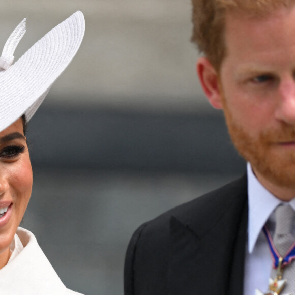 Le prince Harry, duc de Sussex, et Meghan Markle, duchesse de Sussex - Les membres de la famille royale et les invités lors de la messe célébrée à la cathédrale Saint-Paul de Londres, dans le cadre du jubilé de platine (70 ans de règne) de la reine Elisabeth II d’Angleterre. Londres, le 3 juin 2022.  The Duke and Duchess of Sussex leaving the National Service of Thanksgiving at St Paul's Cathedral, London, on day two of the Platinum Jubilee celebrations for Queen Elizabeth II. Picture date: Friday June 3, 2022. 