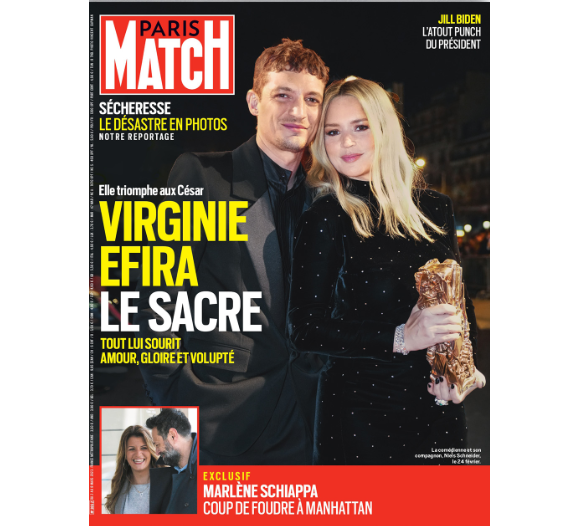 Jeudi dernier, "Paris Match' le décrivait comme un homme à "l'allure athlétique", et aux "tatouages qui dépassent des poignets de chemise"
Virginie Efira et Niels Schneider en couverture du magazine "Paris Match", jeudi 2 mars.
