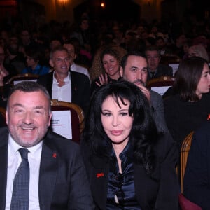 Gérald-Brice Viret (Directeur Général des Antennes et des programmes du GROUPE CANAL+), Yamina Benguigui et Bernard Montiel - Soirée de lancement du Sidaction 2023 au théâtre Edouard VII à Paris le 6 mars 2023. © Rachid Bellak