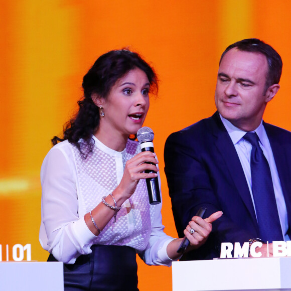 Apolline de Malherbe et Christophe Delay - Conférence de presse du groupe NextRadioTV qui regroupe BFM TV et RMC à Paris le 2 septembre 2015. 