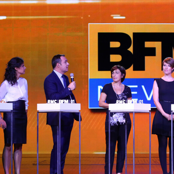 Jean-Baptiste Boursier, Apolline de Malherbe, Christophe Delay, Ruth Elkrief, Lucie Nuttin et François Lenglet - Conférence de presse du groupe NextRadioTV qui regroupe BFM TV et RMC à Paris le 2 septembre 2015. 