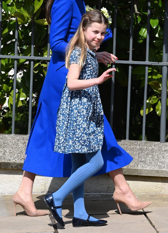 La princesse Charlotte de Galles - La famille royale arrive à la chapelle Saint-Georges pour la messe de Pâques au château de Windsor, le 9 avril 2023.