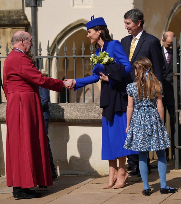 Kate Middleton, la princesse Charlotte de Galles, Timothy Laurence - La famille royale arrive à la chapelle Saint-Georges pour la messe de Pâques au château de Windsor, le 9 avril 2023.