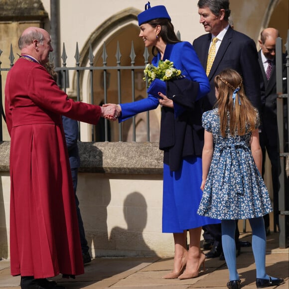 Kate Middleton, la princesse Charlotte de Galles, Timothy Laurence - La famille royale arrive à la chapelle Saint-Georges pour la messe de Pâques au château de Windsor, le 9 avril 2023.