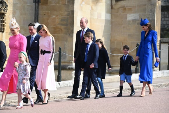Zara Tindall, sa fille Lena, la princesse Beatrice d'York et son mari Edoardo Mapelli Mozzi, le prince William, le prince George de Galles, la princesse Charlotte de Galles, Le prince Louis de Galles, Kate Middleton - La famille royale arrive à la chapelle Saint-Georges pour la messe de Pâques au château de Windsor, le 9 avril 2023.