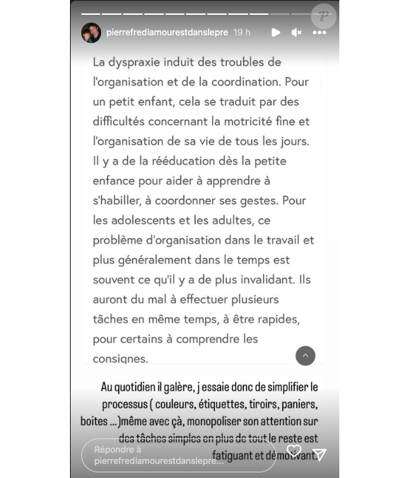 Elle a tout expliqué sur Instagram.
Frédérique révèle que son marie Pierre ("L'amour est dans le pré") souffre de dyspraxie.