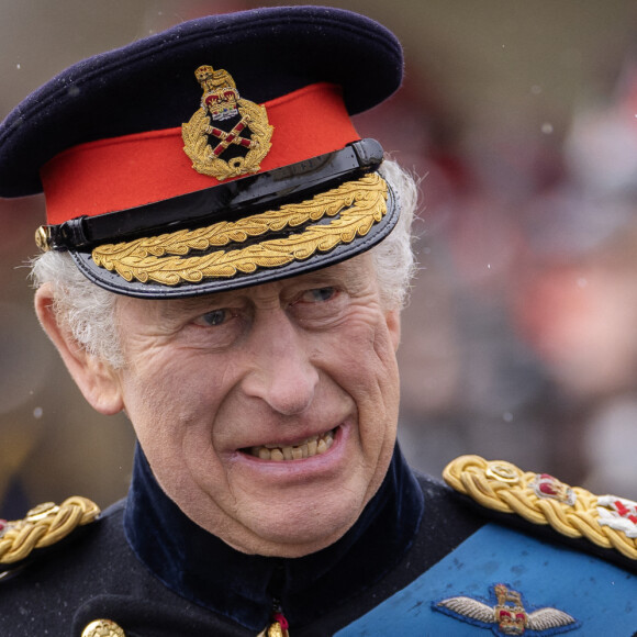 Le roi Charles III d'Angleterre lors de la parade militaire Sovereign à Camberley, le 14 avril 2023. 