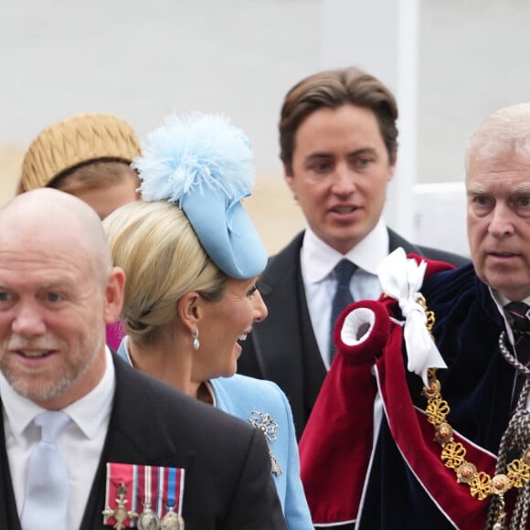 Mike Tindall,, Zara Phillips (Zara Tindall) et le prince Andrew, duc d'York - Les invités arrivent à la cérémonie de couronnement du roi d'Angleterre à l'abbaye de Westminster de Londres, Royaume Uni, le 6 mai 2023. 