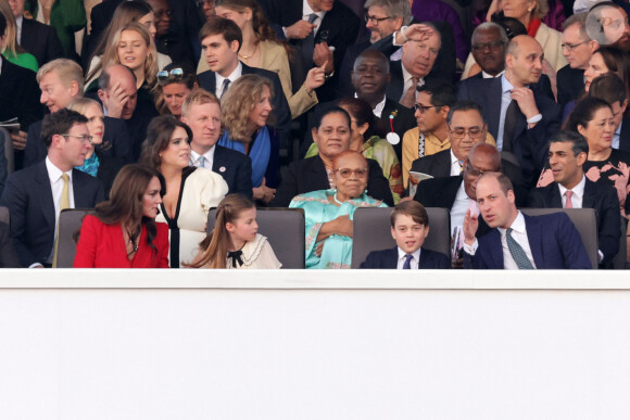 Concert du couronnement du roi et de la reine dans l'enceinte du château de Windsor Catherine (Kate) Middleton, princesse de Galles, la princesse Charlotte de Galles, le prince George de Galles et le prince William, prince de Galles au concert du couronnement du roi et de la reine dans l'enceinte du château de Windsor, Royaume Uni, le 7 mai 2023.