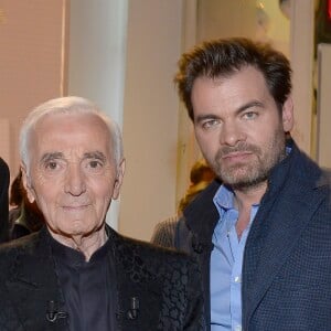 Charles Aznavour et Clovis Cornillac Enregistrement de l'émission " Vivement Dimanche " qui sera diffusée le 3 Mai 2015. Paris le 29 Avril 2015 Invité principal Charles Aznavour