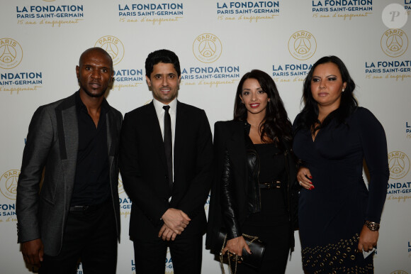 Exclusif - Eric Abidal et sa femme Hayet, Nasser Al-Khelaïfi - Soirée de gala de la Fondation Paris Saint-Germain qui fête ses 15 ans au Pavillon Gabriel à Paris le 27 janvier 2015. La vente aux enchères organisée par le club parisien a permis de récolter plus de 250 000 euros au profit de la Fondation PSG qui vient aide aux jeunes en difficultés sociales ou médicales. Un maillot porté par Ibrahimovic s'est envolé à 20000 €.