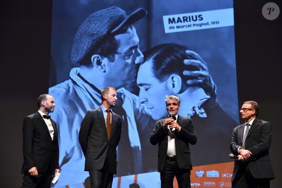 De gauche à droite, Hervé Pichard, chef de projet restauration Cinémathèque Française, Sylvain Mikhailoff, directeur de la communication à la Cinémathèque Française, Nicolas Pagnol (Petit-fils de Marcel Pagnol), président de Compagnie Méditerranéenne de Films, et Vincent Vatrican, le directeur des Archives Audiovisuelles de Monaco, sont au Grimaldi Forum à Monaco le 16 octobre 2015 afin d'assister à la projection de la version restaurée du film de Marcel Pagnol "Marius" mis en scène par Alexandre Korda. Les Archives audiovisuelles de Monaco participent à la restauration de la trilogie marseillaise de Marcel Pagnol dont les travaux sont conduits par la Compagnie Méditerranéenne de Films MPC et la Cinémathèque française avec le soutient du CNC, du Fond Culturel franco-américain, d'Arte et la participation de la SOGEDA Monaco. © Junior / Bestimage