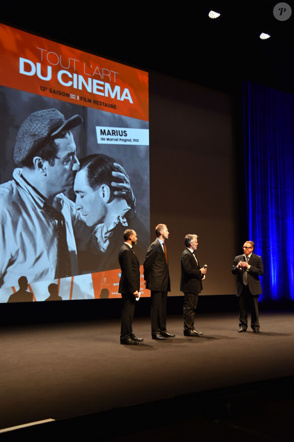 De gauche à droite, Hervé Pichard, chef de projet restauration Cinémathèque Française, Sylvain Mikhailoff, directeur de la communication à la Cinémathèque Française, Nicolas Pagnol (Petit-fils de Marcel Pagnol), président de Compagnie Méditerranéenne de Films, et Vincent Vatrican, le directeur des Archives Audiovisuelles de Monaco, sont au Grimaldi Forum à Monaco le 16 octobre 2015 afin d'assister à la projection de la version restaurée du film de Marcel Pagnol "Marius" mis en scène par Alexandre Korda. Les Archives audiovisuelles de Monaco participent à la restauration de la trilogie marseillaise de Marcel Pagnol dont les travaux sont conduits par la Compagnie Méditerranéenne de Films MPC et la Cinémathèque française avec le soutient du CNC, du Fond Culturel franco-américain, d'Arte et la participation de la SOGEDA Monaco. © Junior / Bestimage