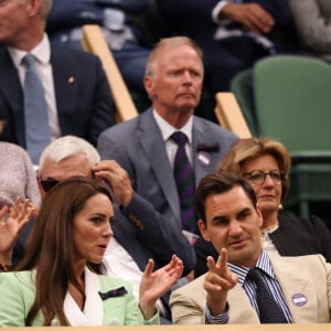 Catherine (Kate) Middleton, princesse de Galles, Roger Federer et sa femme Mirka dans les tribunes lors du tournoi de Wimbledon 2023 au All England Lawn Tennis and Croquet Club de Londres, Royaume Uni, le 4 juillet 2023.