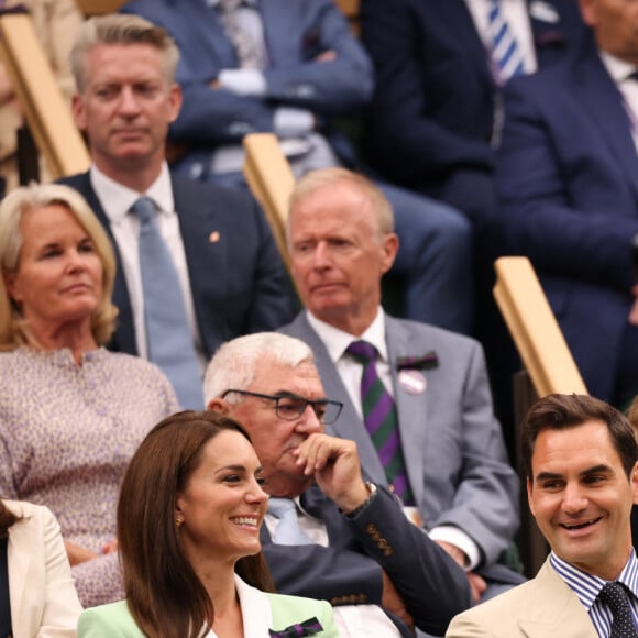 Catherine (Kate) Middleton, princesse de Galles, Roger Federer et sa femme Mirka dans les tribunes lors du tournoi de Wimbledon 2023 au All England Lawn Tennis and Croquet Club de Londres, Royaume Uni, le 4 juillet 2023.